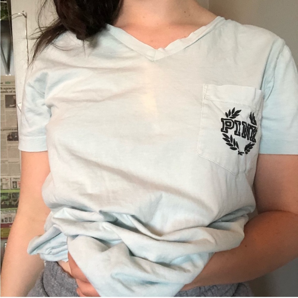 Victoria’s Secret PINK V Neck Logo Light Blue Pocket Graphic Back Top XS